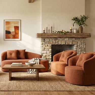 Imagem de Kit de 01 Sofá Orgânico Curvo Feijão + 02 Poltronas Confortável Sala Estúdio Amore Bouclê Terracota - Montanari`s Decor