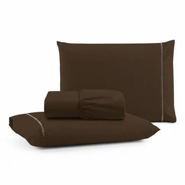 Imagem de Jogo De Lençol Casal Padrão Premium Soft 600 Fios Micropercal Marrom Ponto Palito Toque Macio 3 Peças