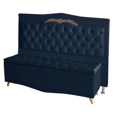 Imagem de Kit Cabeceira De Cama Box E Calçadeira Baú Madri Casal 140 Cm Suede Azul Marinho Do Lar Móveis E Decoração