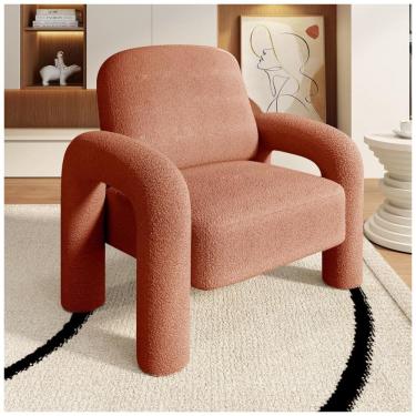 Imagem de Poltrona Dewhut em tecido sherpa laranja, cadeira decorativa estofada com braços curvos tipo tromba de elefante