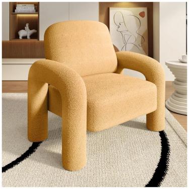 Imagem de Poltrona Dewhut em tecido sherpa rosa, cadeira decorativa estofada com braços curvos tipo tromba de elefante