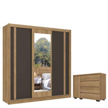 Imagem de Guarda Roupa Casal Ibiza Glass 3 Portas Capuccino Cacau Off White Flex e Cômoda com Porta Aurora Capuccino - THB