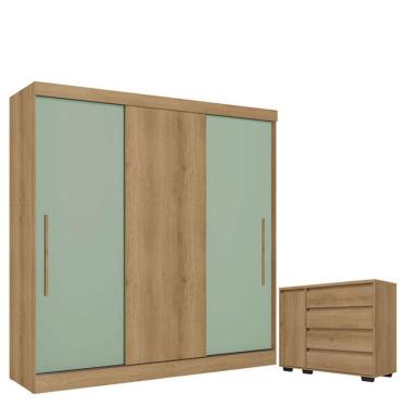 Imagem de Guarda Roupa Casal Vision 3 Portas Capuccino Menta Acetinado e Cômoda com Porta Aurora Capuccino - THB