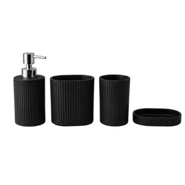 Imagem de Kit Banheiro Preto com Bambu: 4 Peças (Dispenser, Porta Escova, Copo, 