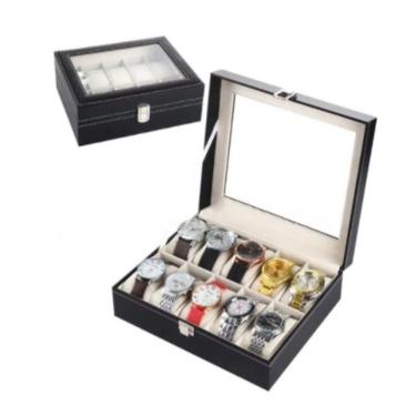 Imagem de Caixa Organizadora para Relógios Unissex Estojo Linha Couro para 10 Peças com Visor em Vidro Preto