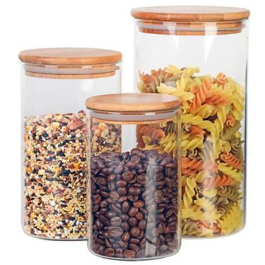 Imagem de Conjunto de Potes Redondos Dynasty em Vidro 3 Peças para Armazenar Alimentos com Tampa em Bambu Transparente