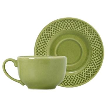 Imagem de Xícara de Chá com Pires de Cerâmica 250ml Verde Esmeralda Plus Alleanz
