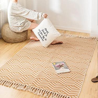 Imagem de Tapete de área de algodão boêmio com franja tecida tapete de porta geométrico com borla lavável à máquina tapete de chão para varanda cozinha sala de estar