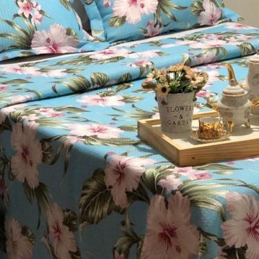 Imagem de Cobre Leito Colcha Casal 3 Peças Piquet Floral Turquesa