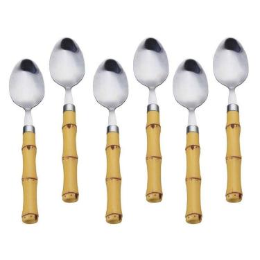 Imagem de Jogo 6 Colheres Mesa Aço Inox E Cabo Plástico Bambu 19Cm