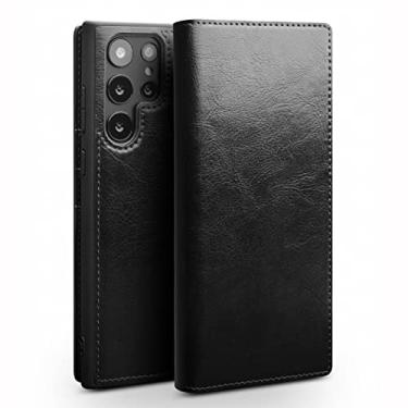 Imagem de Capa para Samsung Galaxy S22/S22+/S22 Ultra, Capa de couro legítimo fina com função de suporte slots para cartões à prova de choque Capa carteira flip Capas protetoras TPU, Preto, S22 Ultra 17,8 cm
