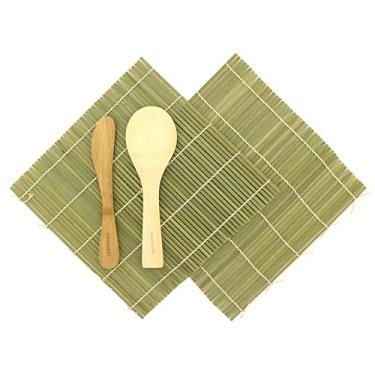 Imagem de (1 Set, Green) - BambooMN Sushi Making Kit 2x Green Bamboo Rolling Mats, 1x Rice Paddle, 1x Spreader 100% Bamboo Mats and Utensils