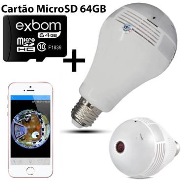 Imagem de Kit Câmera Ip Wi-fi Panorâmica 360 Graus Lâmpada Led Com Visão Noturna V9 + Cartão Micro Sd 64gb