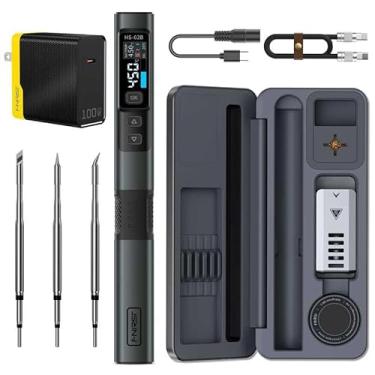 Imagem de FNIRSI Kit de ferro de solda portátil HS-02B 100W com estojo de armazenamento, aquecimento rápido 2S, 100 a 450 °C, temperatura pré-definida para 3 grupos, 3 pontas de solda, caneta de ferro de solda