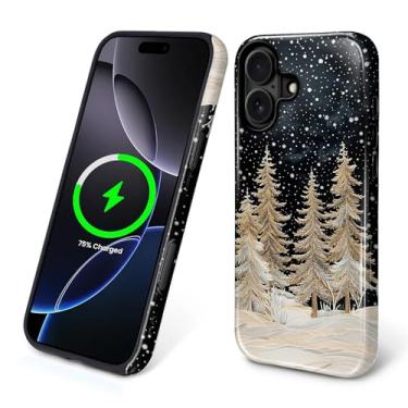 Imagem de ZHEGAILIAN Capa magnética para iPhone 16, compatível com MagSafe capa rígida de silicone macio 2 em 1 híbrido à prova de choque capa protetora contra quedas, pinho nevado, floresta de Natal