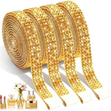 Imagem de 4 rolos de fita de strass autoadesiva com glitter cristal diamante tiras de strass rolo de fita decorativa para artes artesanato tecido carro telefone decoração de festa, 1 jarda cada (ouro)
