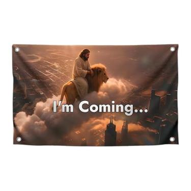 Imagem de Bandeiras inspiradoras do Senhor de Jesus com citação "I'm Coming" com quatro argolas de latão - Bandeira de tapeçaria de parede leve de um lado para quartos - pôsteres de poliéster para decoração de
