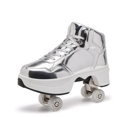 Imagem de ANEFUN Tênis de patins para mulheres, meninas, meninos e homens, 4 rodas, moderno, profissional, ambientes internos, quadriciclates para crianças e adultos, presentes de Natal/aniversário, Prata, 7