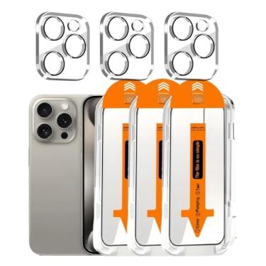 Imagem de Pacote com 3 protetores de tela para iPhone 15 Pro Max [6,7 polegadas] com 3 protetores de lente de câmera, dureza 9H + 3,5 m, grau militar, à prova de estilhaçamento, resistente a arranhões, película