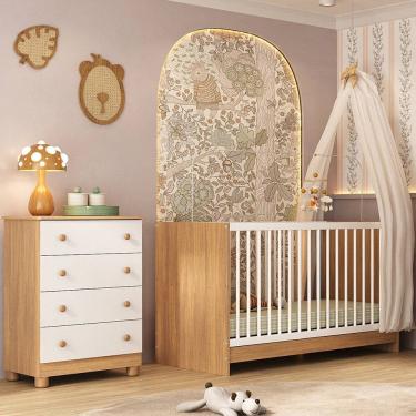 Imagem de Berço 3 em 1 para Colchão 130x60cm com Cômoda 4 Gavetas Sol Multimóveis MP4744 Madeirado/Branco