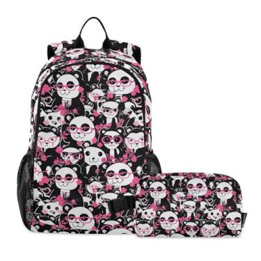 Imagem de CHIFIGNO Mochila escolar de borboletas e flores azuis rosa mochila escolar mochila para escola primária com lancheira, Pandas com óculos rosa, One Size