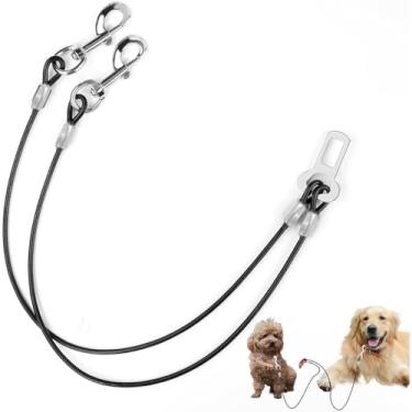 Imagem de Dog Seat Belt Harness for Car,Banda de segurança do Leash de Fios cobertos para Cães,Sem Chew Tether Cable Vehicle Dog Leash,Y Shape Two Dog Harness Seat Belt para Car Trip (Black)