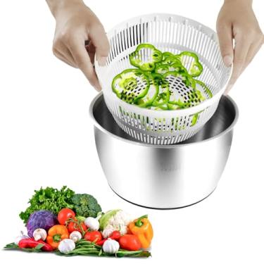 Imagem de Spinner de salada de aço inoxidável de 5,2 litros com botão de parada – Girador de alface rápido e fácil com tampa transparente e orifício de drenagem, secador de legumes, lavador de frutas com base