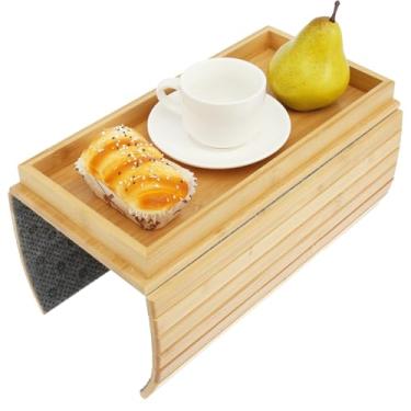 Imagem de Bandeja de braço de sofá, bandeja de braço de sofá de bambu, mesa de apoio de braço de sofá, suporte de lanche estável dobrável e antiderrapante