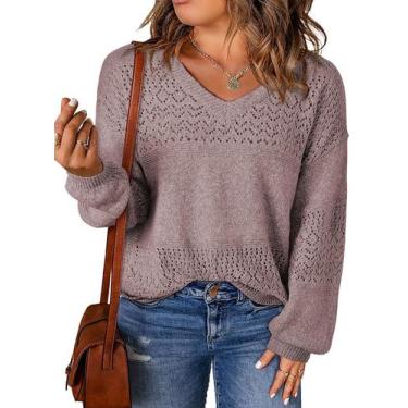 Imagem de Suéter feminino Eytino plus size com decote em V, malha de crochê, 5 v