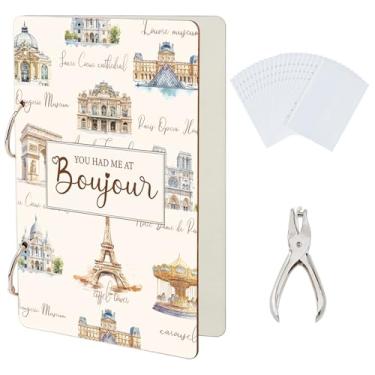 Imagem de SUPERDANT Organizador de cartões Paris Bonjour Porta-cartões de presente para guardar cartões de lembrança, fichário de aniversário, postais, álbum de fotos com perfurador, 20 bolsos internos