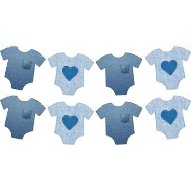 Imagem de Body jeans azul faixa de chá de bebê - Não-faça você mesmo decorações de chá de bebê jeans Um pouco jeans bebê está a caminho suprimentos de festa de aniversário para meninas meninos glitter