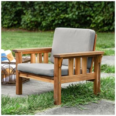 Imagem de Poltrona infantil externa Martha Stewart Kids em madeira acácia natural com almofadas cinza 61cm