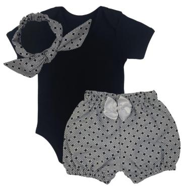Imagem de Conjunto Body Manga Curta e Short Poá e Branco + Faixa - Roupa Bebê Menina-Feminino