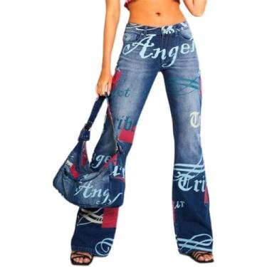 Imagem de Calças jeans calças jeans estampadas jeans femininas letras calças largas femininas, Azul escuro, P