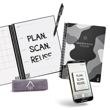 Imagem de Rocketbook Planejador de produtividade reutilizável sem data Fusion, tamanho executivo 15 x 21 cm, camuflado, calendário mensal e semanal, lista de tarefas diárias, páginas pautadas e pontilhadas