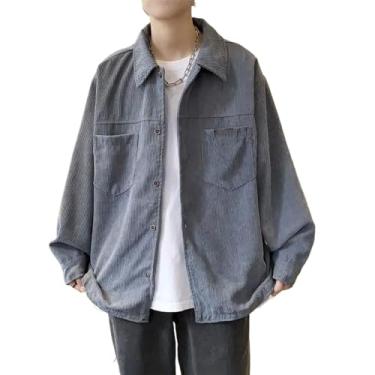 Imagem de WOLONG Camisa masculina de veludo cotelê primavera outono manga longa jaqueta masculina solta retrô camisa masculina, Cinza 6628, M