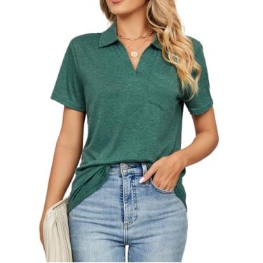 Imagem de Vidifid Camisa polo feminina manga curta gola V bolsos blusa verão golfe tênis túnica tops para negócios casual, Verde escuro, GG
