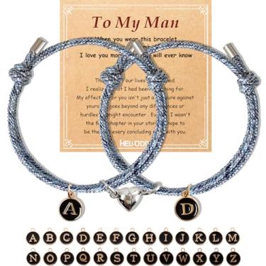 Imagem de Hellodiy Pulseiras combinando para casais, pulseira de promessa Pinky com letras pendentes de A-Z, presente para namorado, namorada, melhor amigo, com lindo coração combinando, To My Man, Nylon,