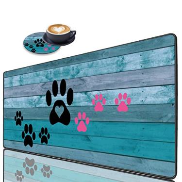 Imagem de Mouse pad estendido para jogos com bordas costuradas, grande mousepad antiderrapante (81,5 x 29 cm) pad de mesa + porta-copos para trabalho/jogador/casa, impressões de pata de cachorro preto e rosa