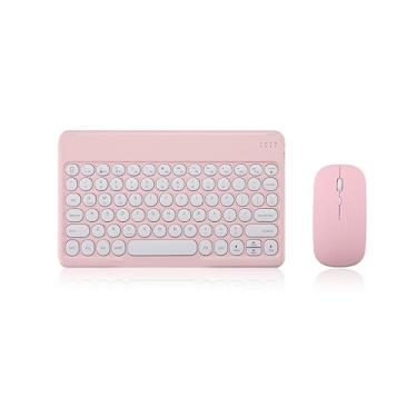Imagem de Combo de teclado e mouse Bluetooth retrô ultrafino, teclado e mouse compactos recarregáveis, sem fio para iPad, iPad Mini, iPad Air, iPad Pro, iPhone, Windows Android, tablet, smartphone (rosa)
