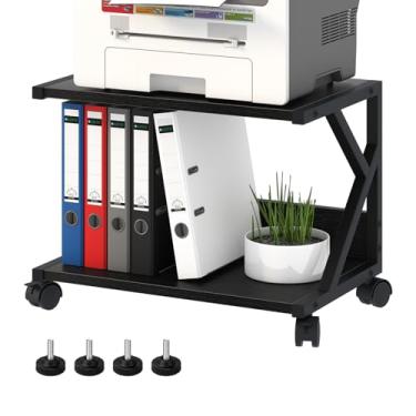 Imagem de aboxoo Suporte para impressora de mesa com prateleiras de armazenamento de madeira de 2 níveis, mesa de impressora sob a mesa, organizador de mesa multiuso para escritório doméstico para máquina de fax, scanner (preto)
