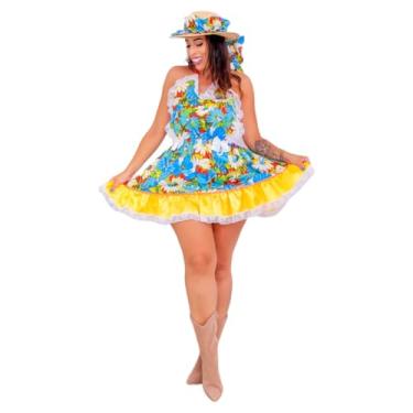 Imagem de Vestido Festa Junina Rodado Caipira Adulto Avental Arraia Quadrilha