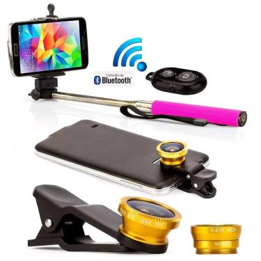 Imagem de Pau de selfie bastão monopod controle 3 lentes rosa