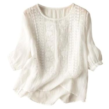 Imagem de Camisas de linho femininas com botão de manga curta verão solta gola redonda casual boho blusa vintage bordada, 01#branco, G