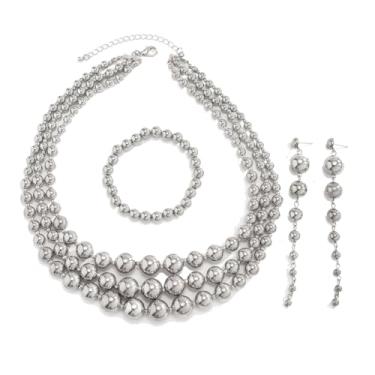 Imagem de Colar de contas grossas para mulheres banhado a ouro prata bola contas contas pulseira elástica corrente longa pingente pingente brincos conjunto de joias, Metal, Sem Pedra Preciosa