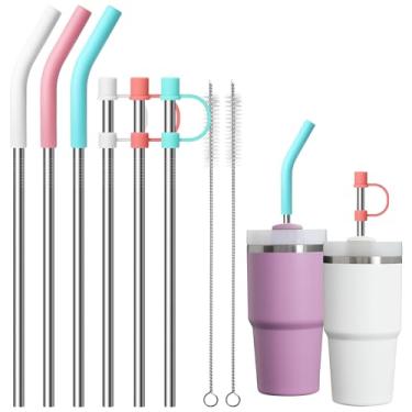 Imagem de Diumepo Canudos de metal para copo Stanley de 400 ml, canudos reutilizáveis de aço inoxidável com pontas de silicone para copo Yeti de 597 g, 2 escovas limpas