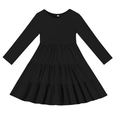 Imagem de TATAKERI Vestidos infantis para meninas, vestidos de manga comprida, cor lisa, com babados, para meninas, vestidos de outono, Evasê preto, 3-4 Anos
