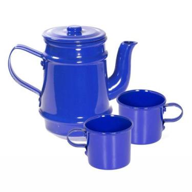 Imagem de Kit Bule 400ml + 2 Xícaras 100ml Pintados Em Alumínio Azul Escuro - Al