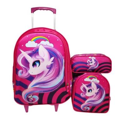 Imagem de Mochila Escolar Unicornio com Rodinhas com Lancheira térmica e estojo 
