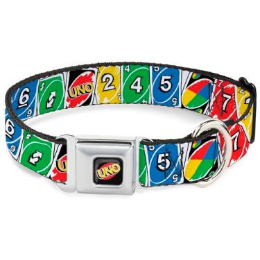 Imagem de Coleira para animais de estimação Mattel, fivela de cinto de segurança de metal, pilha de cartões UNO multicolorida, 33 a 43 cm de largura